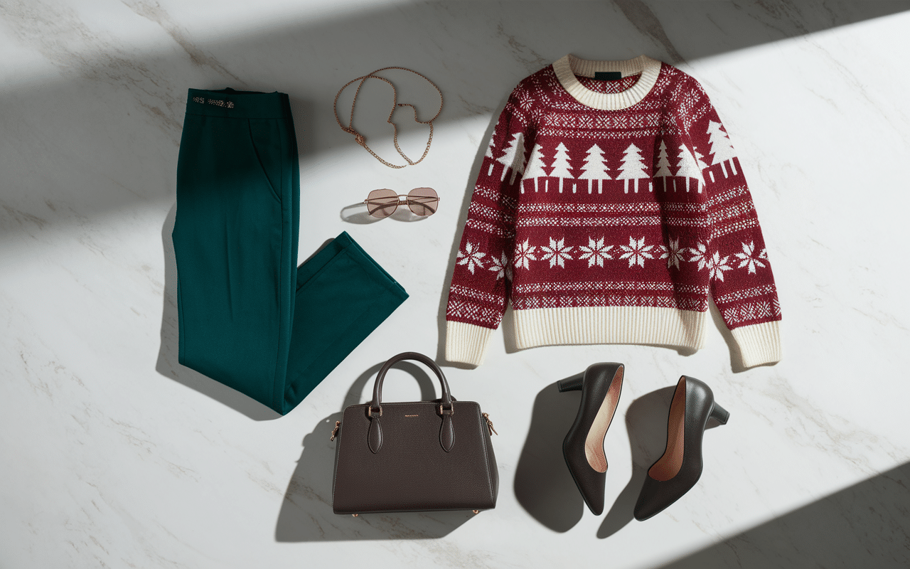 Tenue mode avec pull Noël femme chic et accessoires