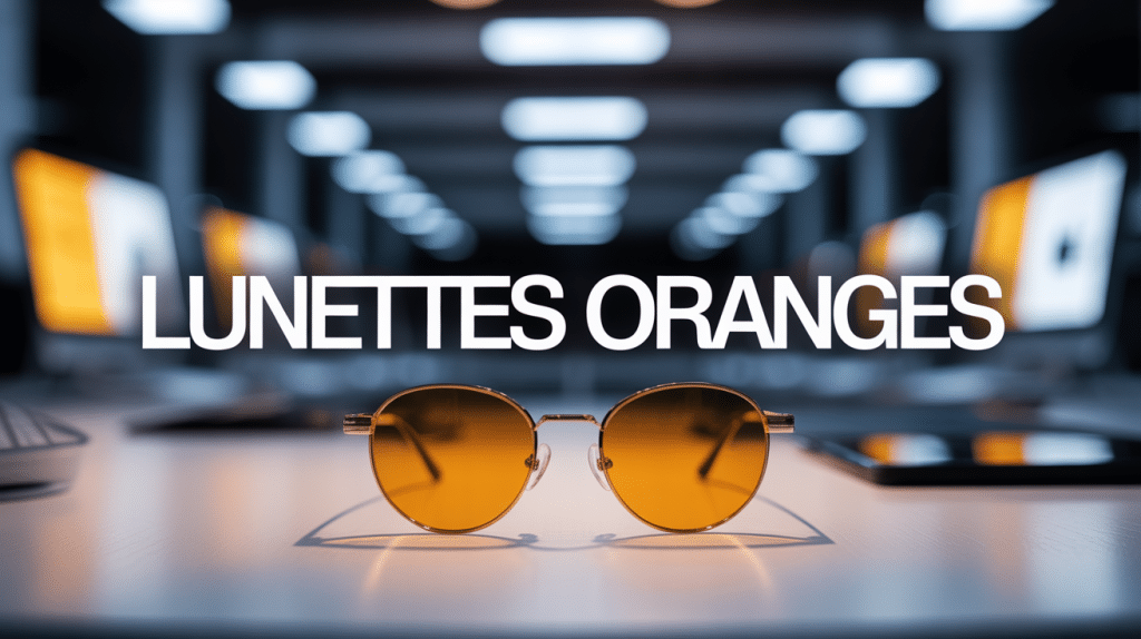 lunettes oranges sur bureau devant écrans