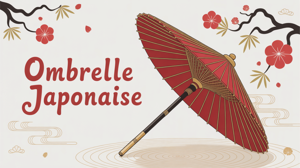 Ombrelle japonaise rouge dorée posée fond zen