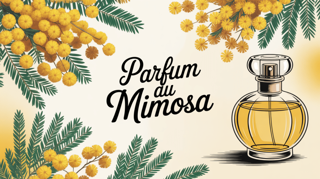 Illustration parfum au mimosa flacon et fleurs jaunes