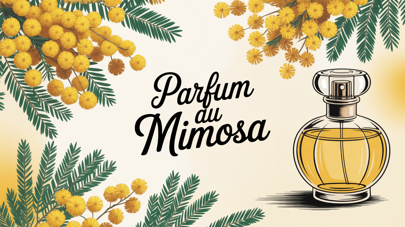 Illustration parfum au mimosa flacon et fleurs jaunes