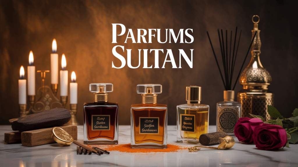 Flacons parfums Sultan dorés et épices sur marbre