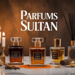 Flacons parfums Sultan dorés et épices sur marbre