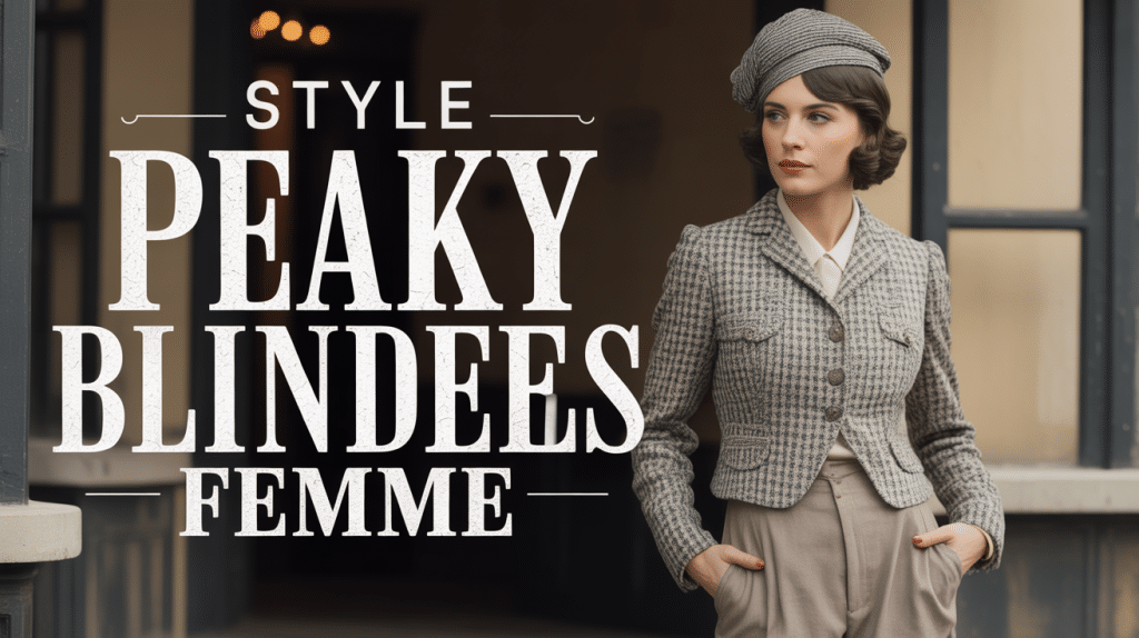 Silhouette vintage femme style Peaky Blinders avec veste tweed et casquette gavroche