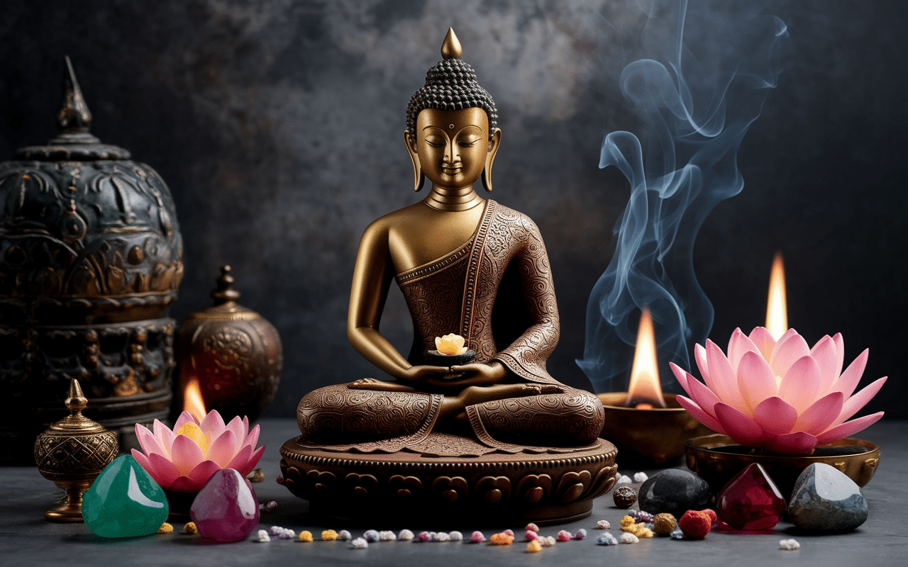 Statue bouddha méditation et symboles