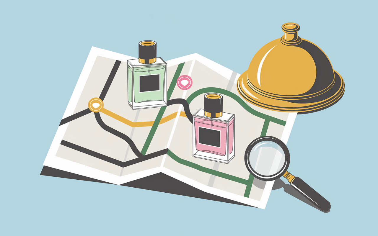 tableau de concordance parfum la maison des essences flacons sur carte avec chemins