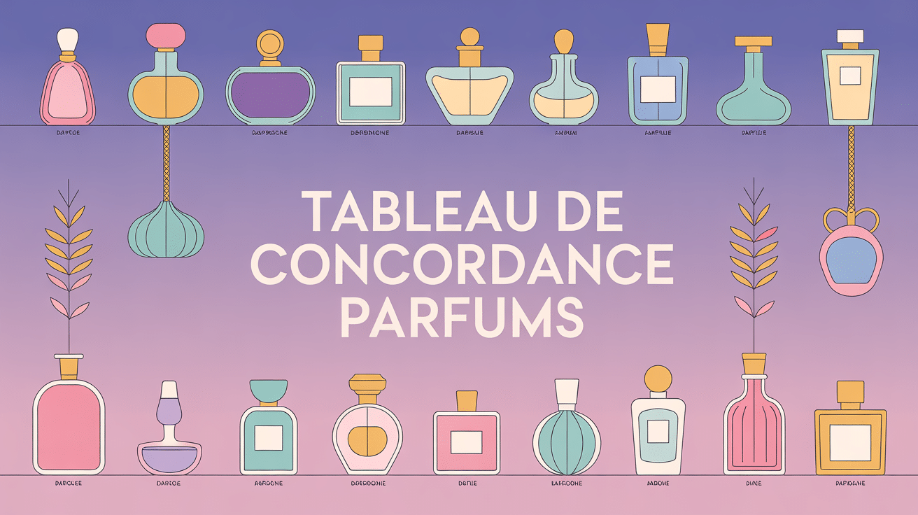 tableau de concordance parfum la maison des essences flacons rangés et flèches dorées