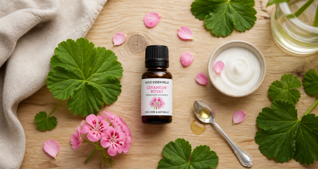 Huile essentielle de géranium : 5 bienfaits pour la peau, les cheveux et le bien-être