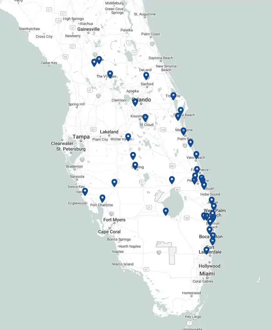 Map of Florida showing locations for all Water's Edge Dermatology offices