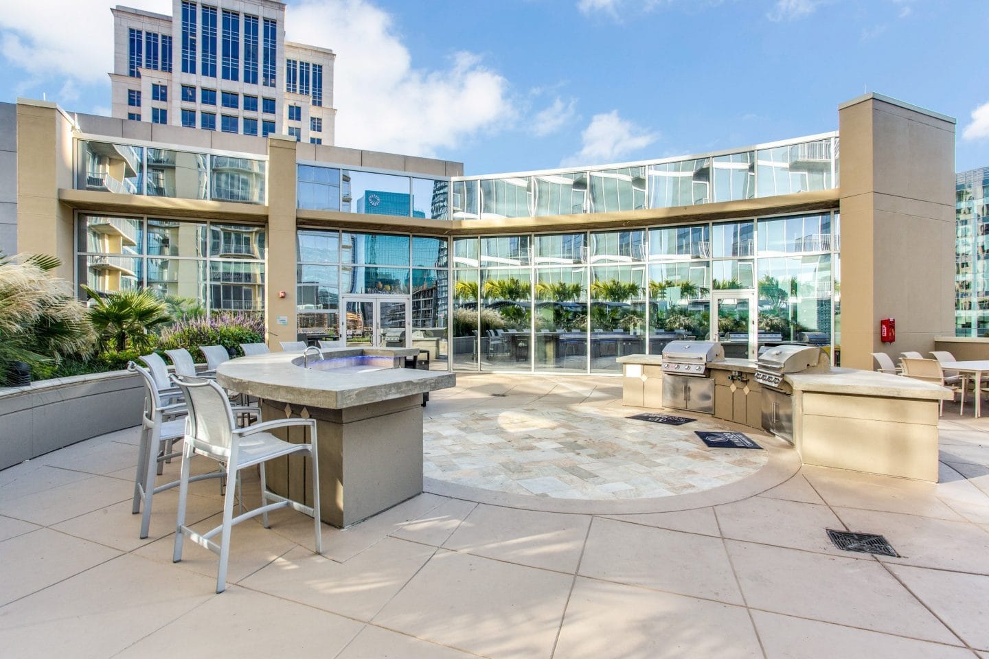 Outdoor grilling station at Glass House Dallas, Texas