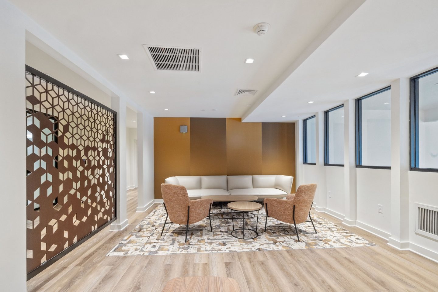 A room with a brown and white patterned wall divider.