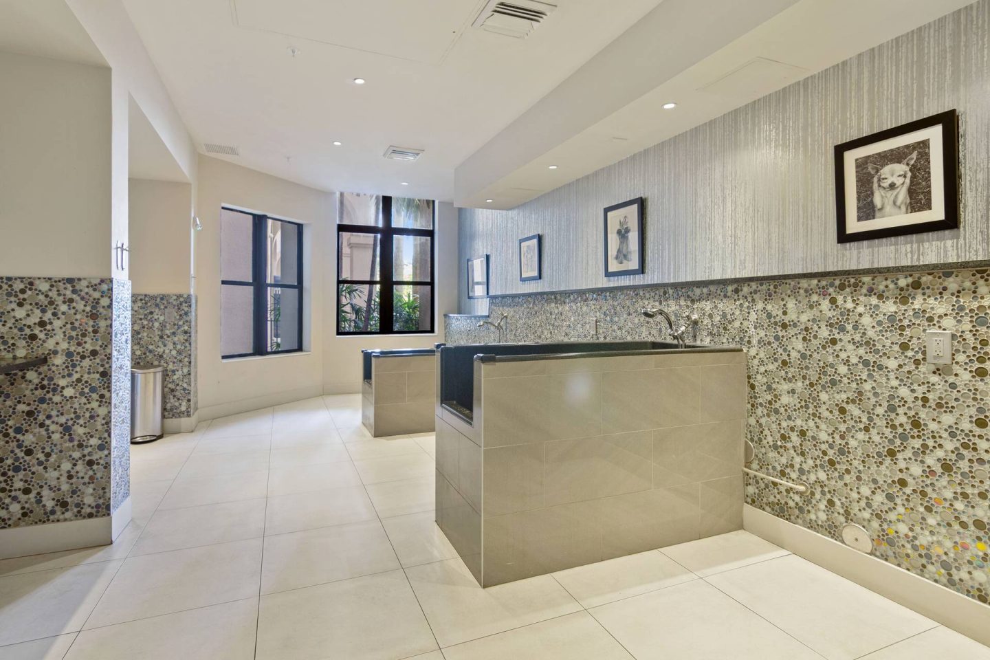 A reception area with a floral wallpaper and a grey reception desk.