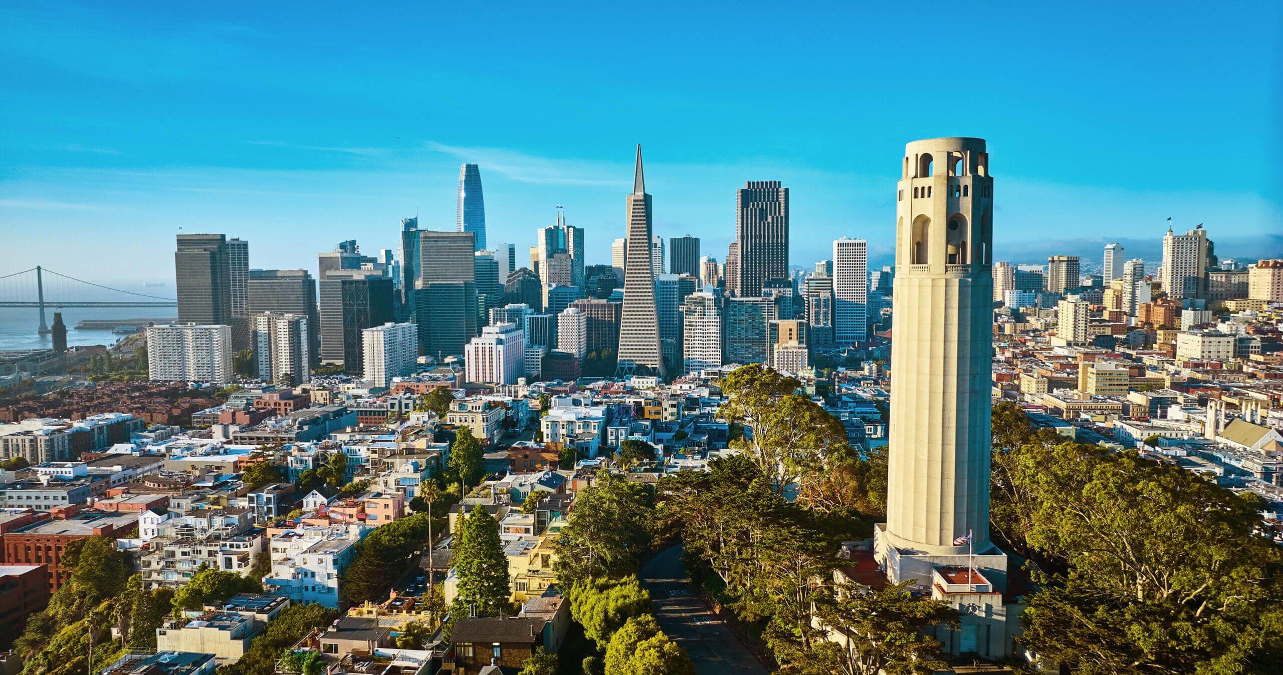 A view of San Francisco’s cityscape featuring Coit Tower in the foreground, skyscrapers in the background, and the Golden Gate Bridge visible on the left beneath a clear blue sky near Blu Harbor by Windsor.