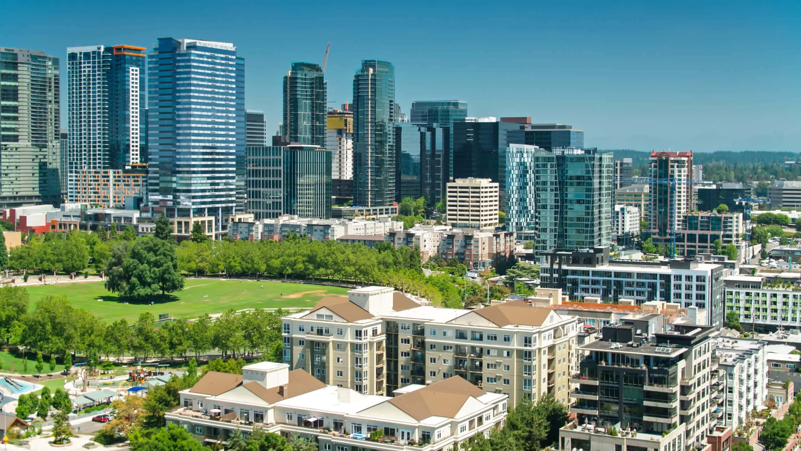 A panoramic view of a city skyline with towering structures complemented by expansive green grass.