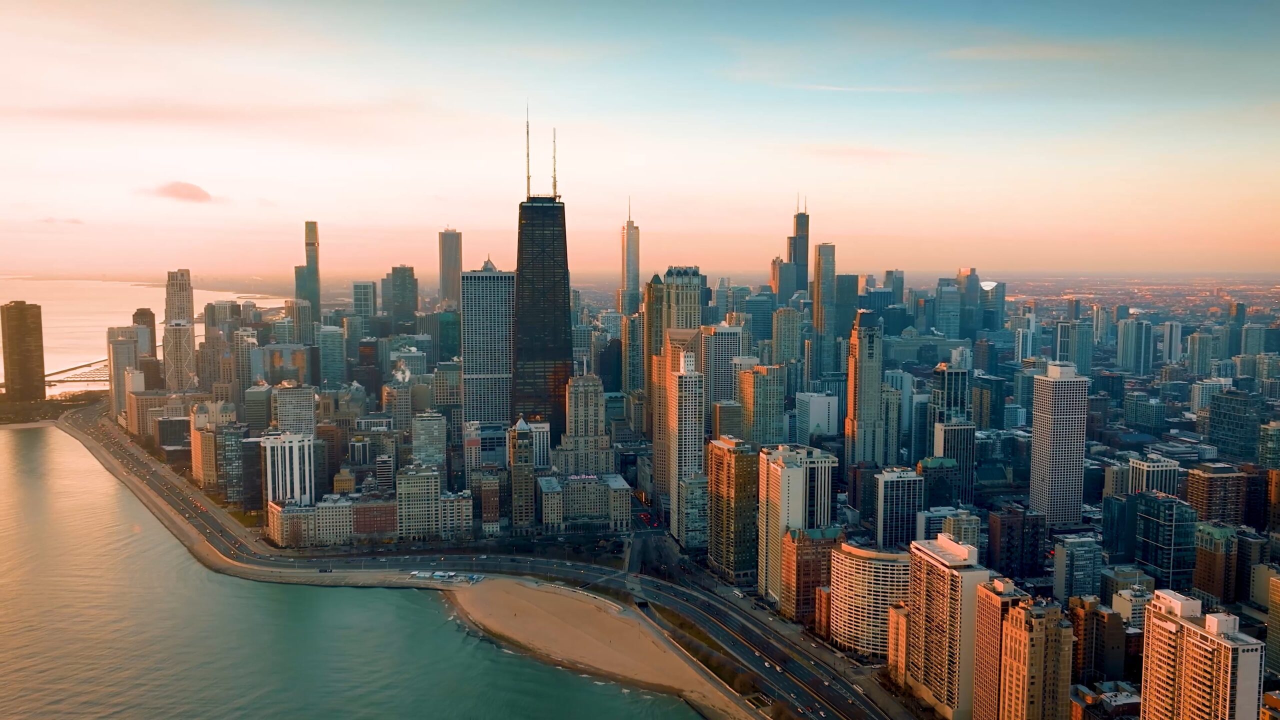 Aerial skyline view of Chicago, Illinois along Lake Michigan with Windsor branding