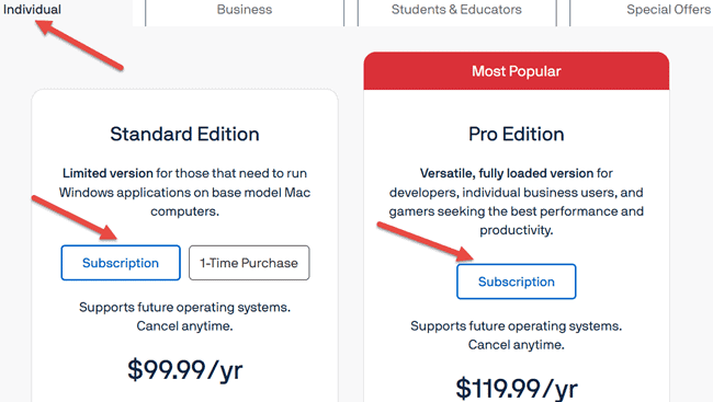 Pricing for the Individual Subscription Plan for Parallels Desktop