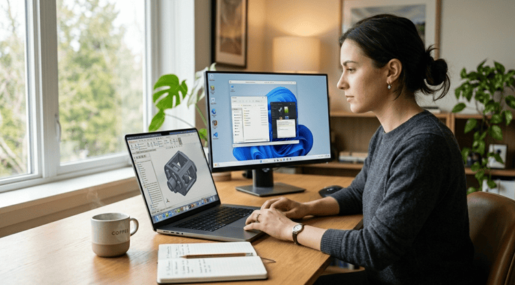 Designer testing CAD and DirectX apps on an M1 Mac with Parallels Desktop in a modern workspace, comparing 3D performance