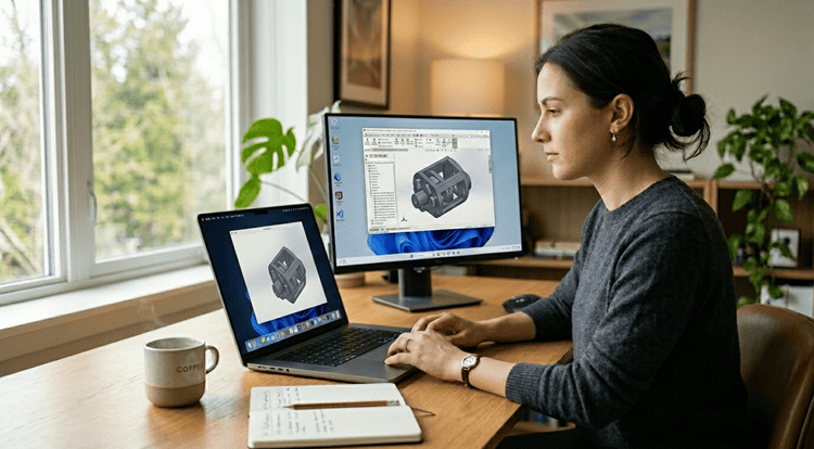 Professional comparing virtualization vs compatibility layers on Mac and Windows apps in a modern home office setup