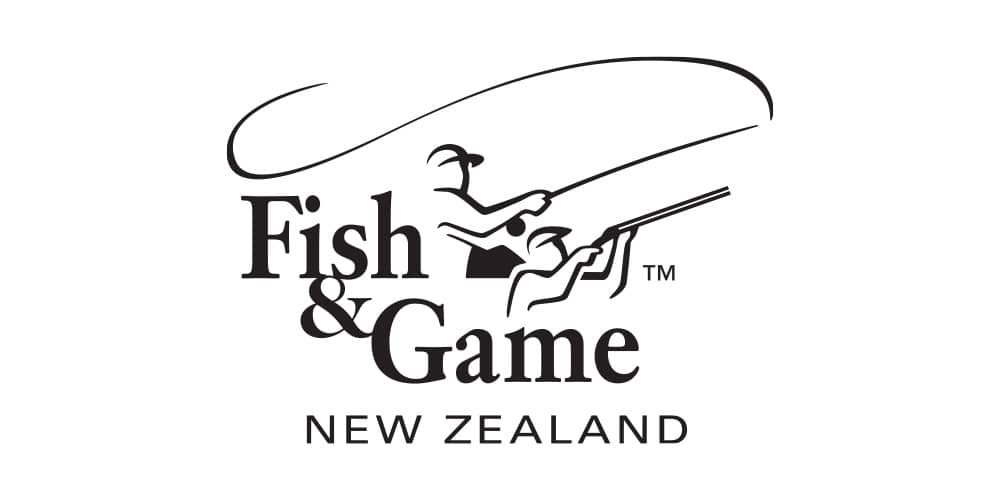 Logo of fish & game new zealand, featuring a stylized fisherman and a hunter with a dog.