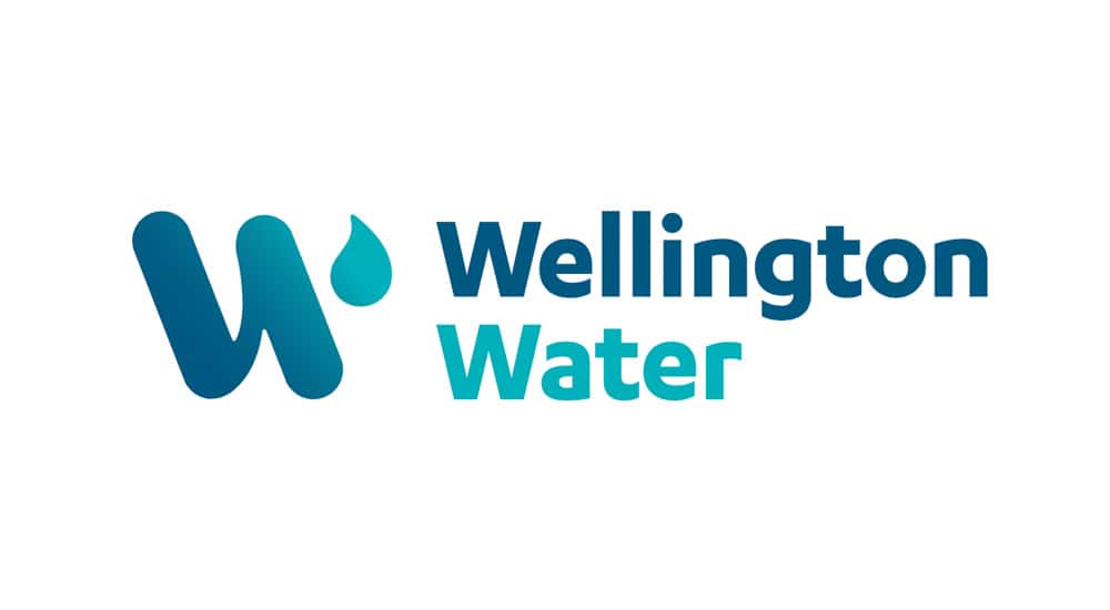 A Wellington Water logo with blue letters.