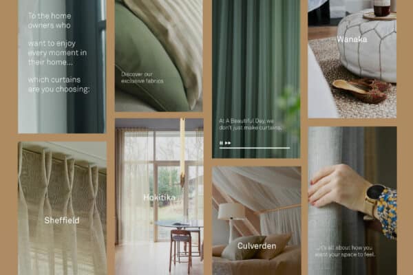 Collage of A Beautiful Day brand images showcasing different curtain fabrics and styles, with text describing the benefits and names of the collections: Wanaka, Hokitika, Sheffield, and Culverden.