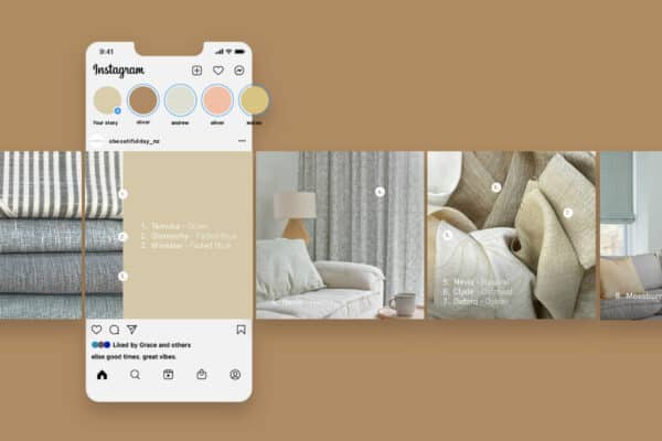 A smartphone screen shows an A Beautiful Day brand Instagram post with various neutral-toned color swatches. Behind it are images of fabric samples and furniture in similar neutral tones.