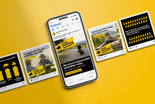 A smartphone displays a Facebook post advocating for Kiwi sheep and beef farmers. Surrounding the phone are four postcards with similar yellow-themed designs and supportive messages, all set against a yellow background.