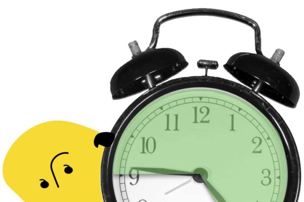 A classic black alarm clock showing 5:36 is partially covered by a Electricity Authority yellow consumer cartoon character peeking from behind, with a curious facial expression. The clock face is highlighted in green.