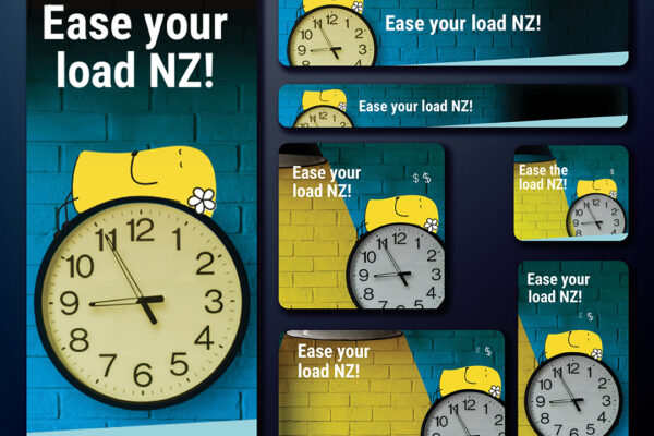 A set of Electricity Authority digital banners shows a yellow cartoon dog on a blue or yellow brick wall above a clock face, with the words "Ease your load NZ!" in white text. Each banner has a slightly different layout and size.