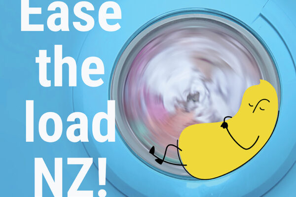 A social post Electricity Authority advert of a washing machine with clothes spinning inside, next to bold white text saying "Ease the load NZ!" A relaxed, cartoon yellow bean character is resting on the machine door. The background is light blue.