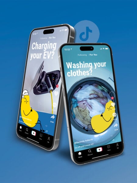 Two smartphones display TikTok Electricity Authority videos. One shows an electric vehicle charging, and the other shows a washing machine in use. Both screens feature a yellow cartoon character and white text on a blue background.