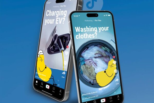 Two smartphones display TikTok Electricity Authority videos. One shows an electric vehicle charging, and the other shows a washing machine in use. Both screens feature a yellow cartoon character and white text on a blue background.
