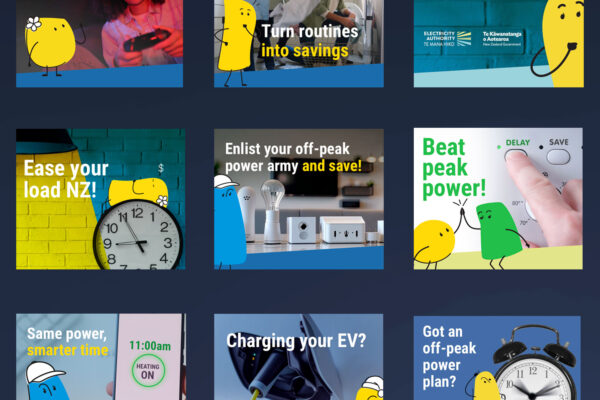 A 3x3 grid of colorful illustrations with cartoon characters and text promoting the Electricity Authority off-peak power use, savings, electric vehicle charging, and smarter energy routines, with clocks and power-related visuals.