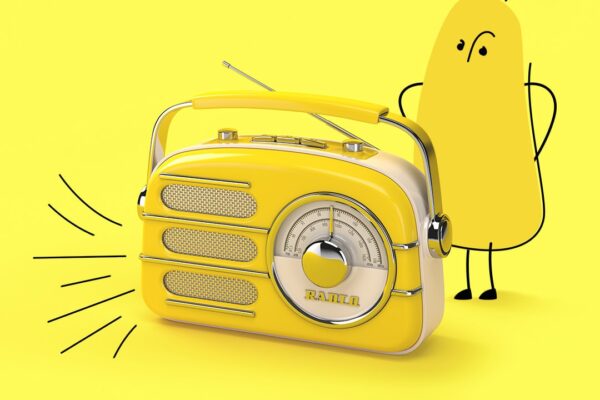 A yellow vintage radio is shown with sound lines, next to a simple cartoon character with a worried expression, both set against a bright yellow background.