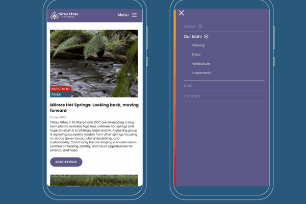 Two smartphones display a website; the left shows an article about Māwera Hot Springs with a photo of ferns and water, while the right displays a navigation menu with sections like About, Housing, and Investments.