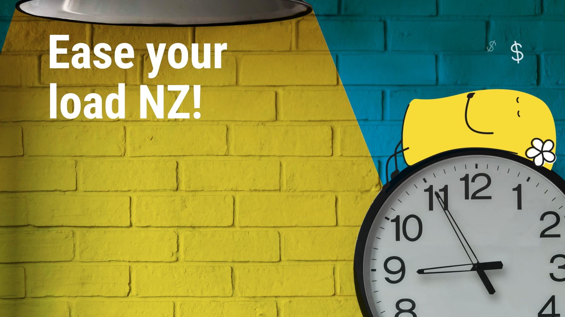 A yellow and blue brick wall with the text "Ease your load NZ!" A cartoon dog with a flower relaxes on top of a clock showing 2:00, under a lamp spotlight.