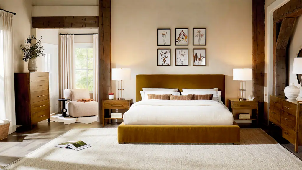 Brownish yellow upholstered bed