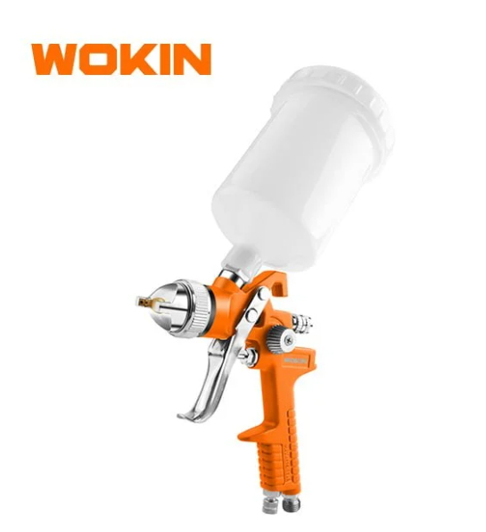 Súng phun khí HVLP 1.4mm 600cc, vòi phun tiêu chuẩn 1.4mm, cốc chứa 600cc, chứng nhận CE, phụ kiện đầy đủ, đóng hộp màu.