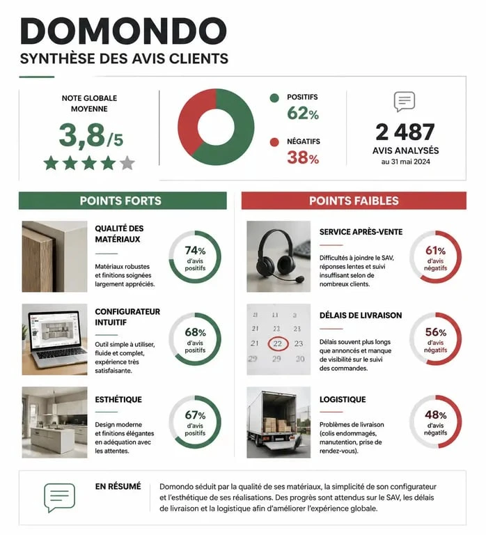 Synthèse des avis clients Domondo : points forts et points faibles sur la qualité et le service