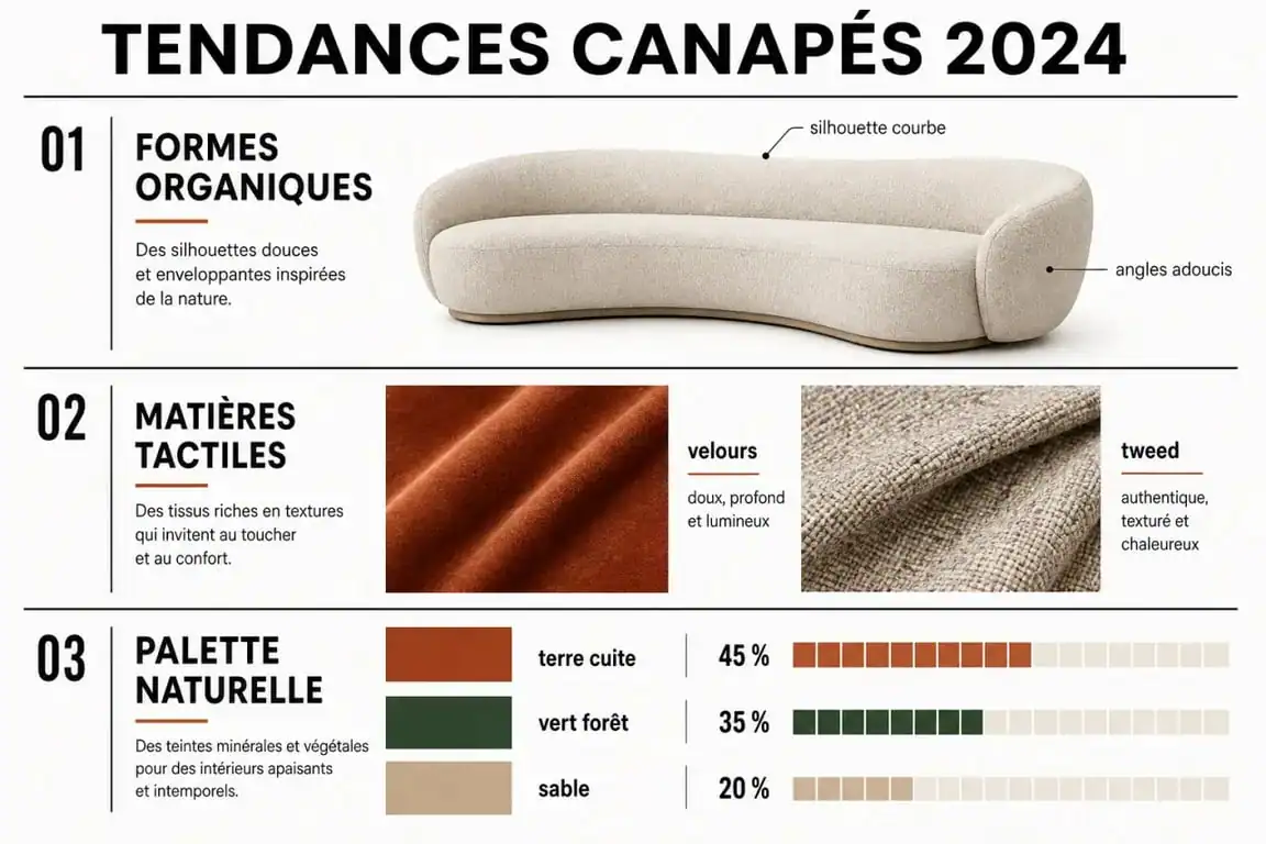 Infographie des tendances canapé 2024 : formes organiques, matières tactiles et couleurs naturelles.