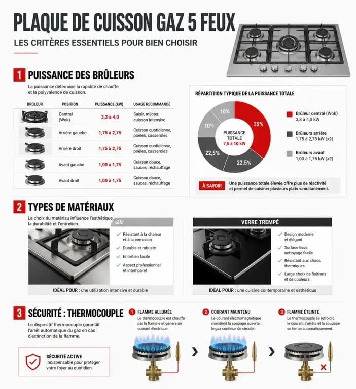 Infographie des critères de choix pour la meilleure plaque de cuisson gaz 5 feux