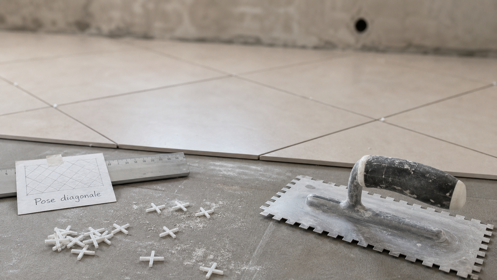 Pose carrelage diagonale 45° : coupes nettes et joints fins