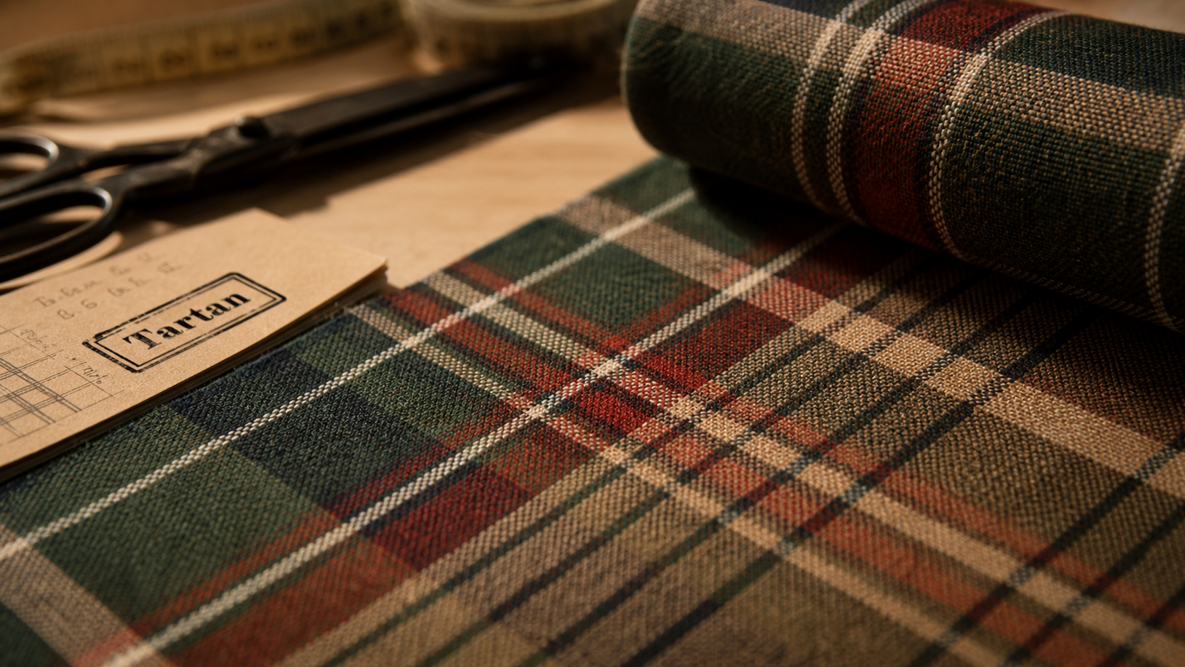 Tartan tissu en gros plan, carreaux nets, mètre ruban et ciseaux de couture