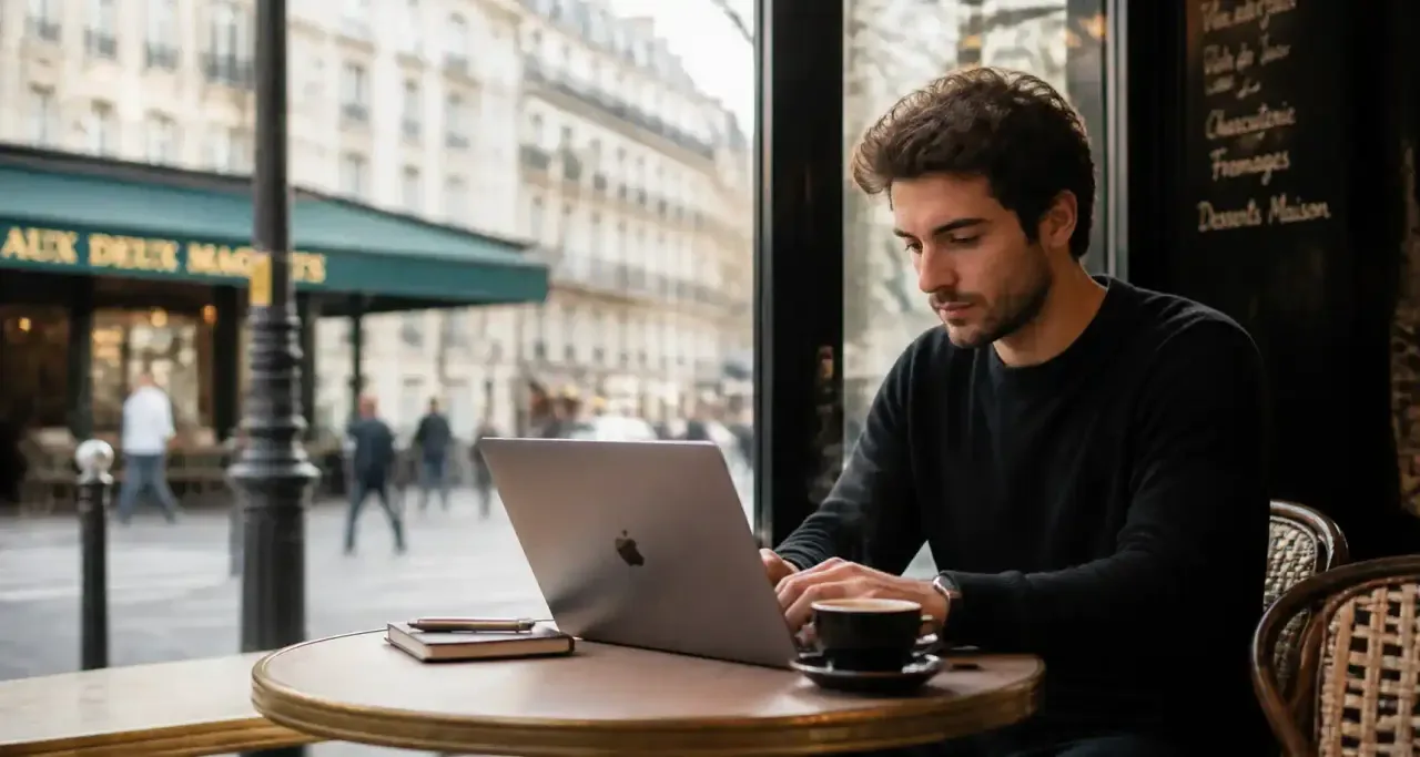 Entrepreneur travaillant à distance depuis un café parisien