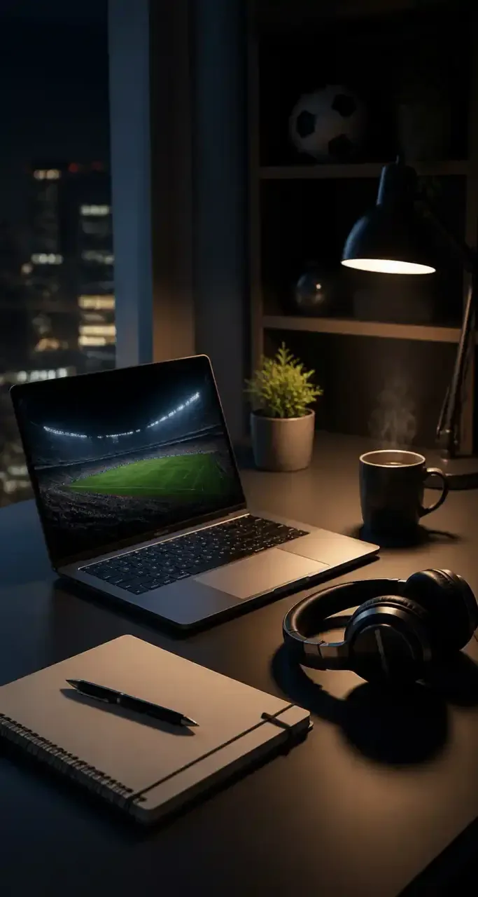 Bureau moderne avec ordinateur portable et casque pour suivre l'actualité du football