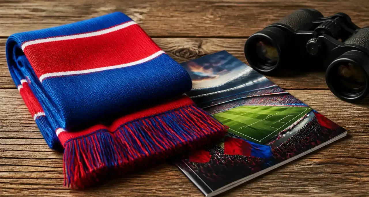 Écharpe de supporter, jumelles et programme de match posés sur une table