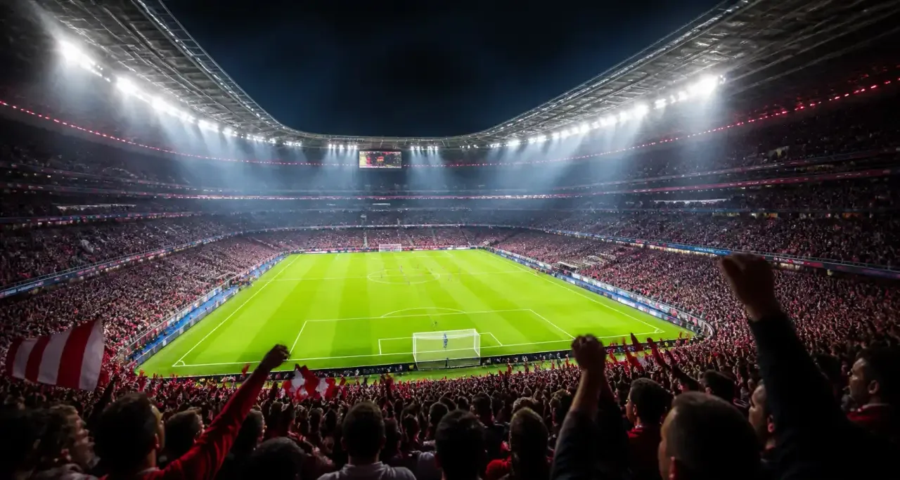 Stade de football illuminé lors d'une soirée de match européen