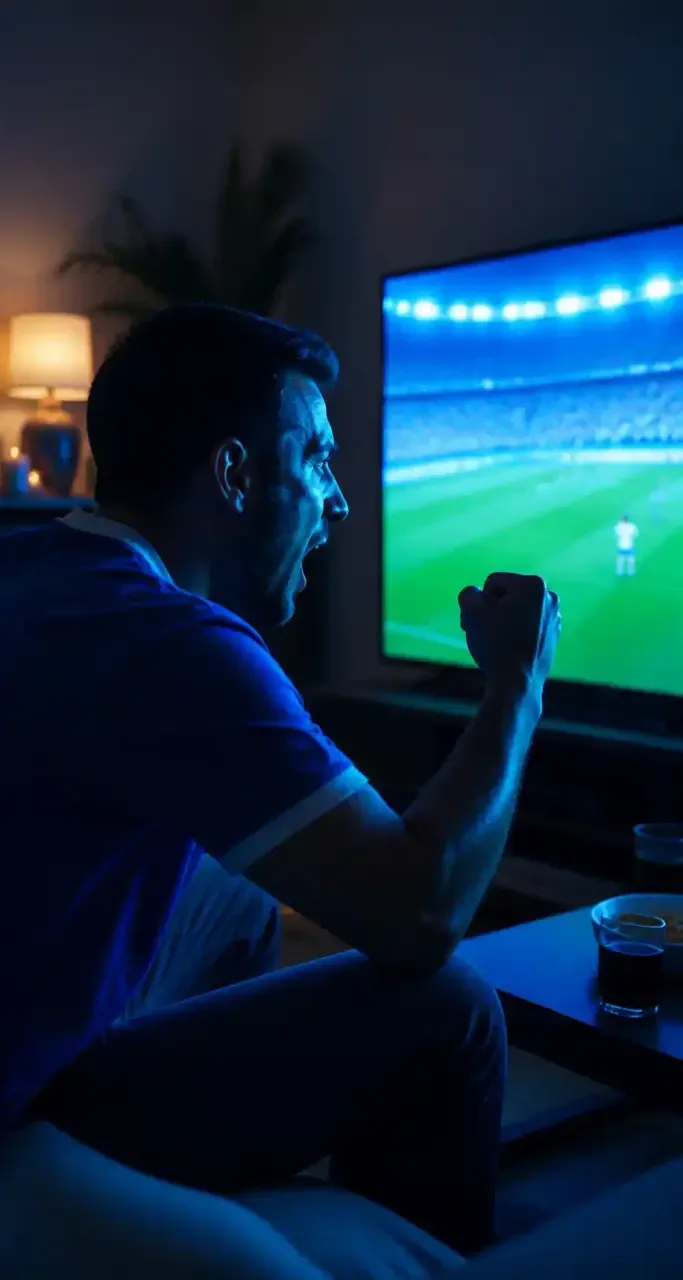 Supporter de football regardant un match en direct à la télévision