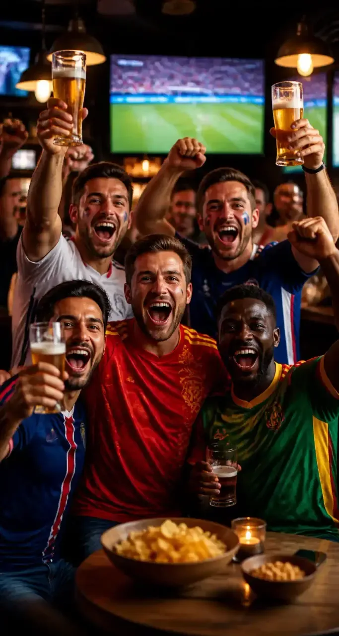 Supporters en maillots célébrant un but dans un bar sportif