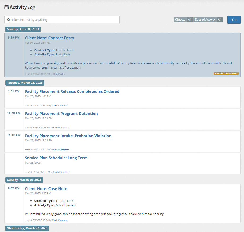 YouthCenter Client Activity Log